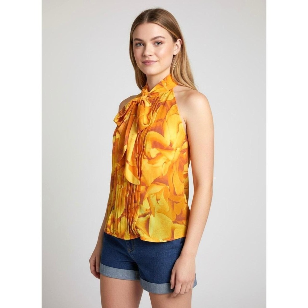 Floral Halter Blouse XS Bow Neck Sleeveless Yellow Top